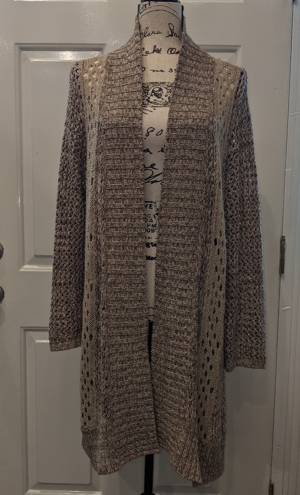 Chico's Long Knit Sweater Cardigan Size XL Tan/Brown